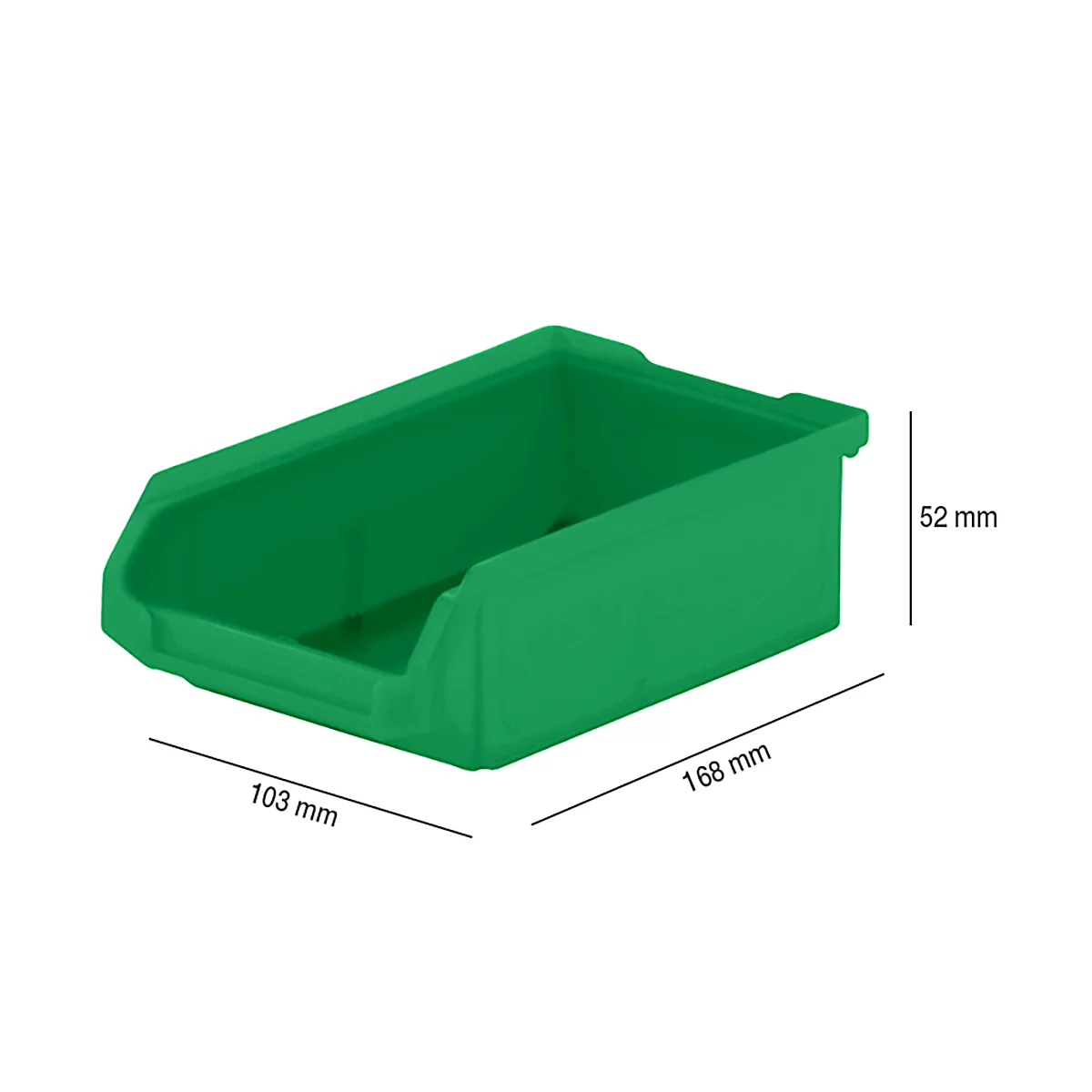 Green plastic storage bin. Dimensions: 168 mm long, 103 mm wide, 52 mm high. The box is slightly angled forward.