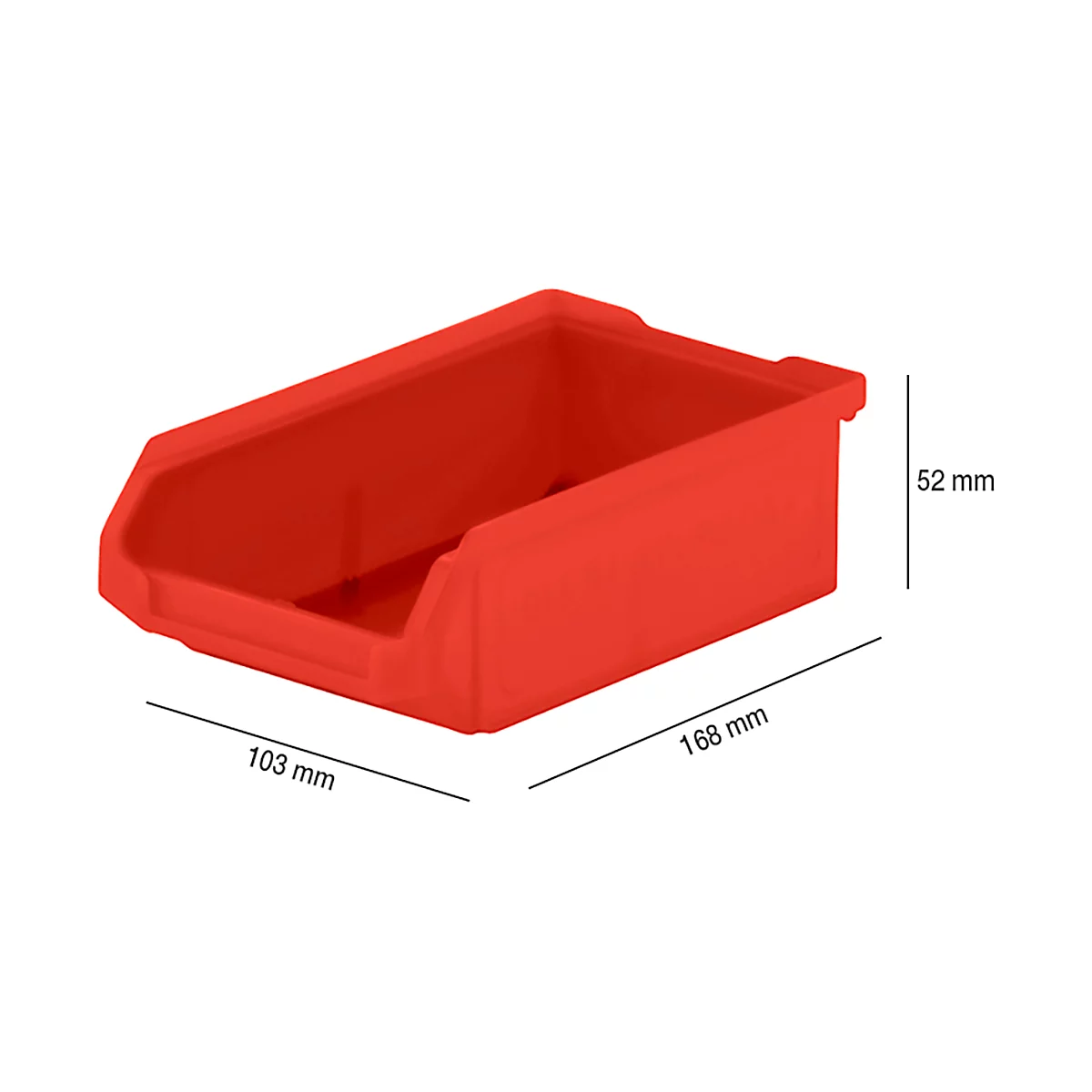 Red plastic box with dimensions. Box: 168 mm long, 103 mm wide, 52 mm high.