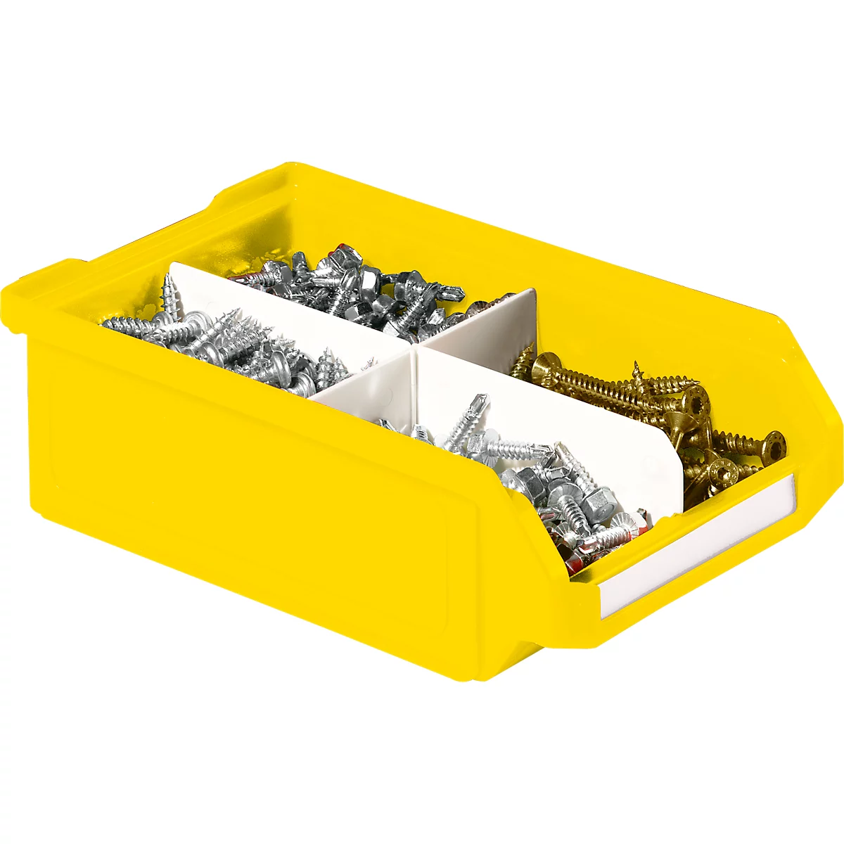 Yellow parts bin with screws in various compartments.