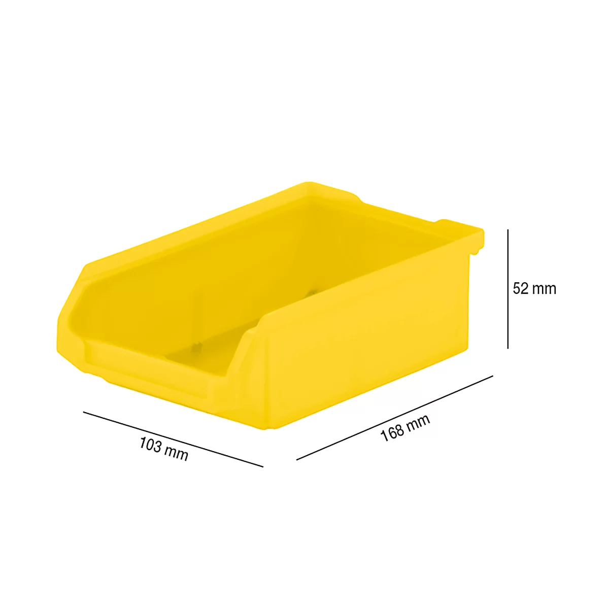 Yellow plastic box with dimensions: 168 mm x 103 mm x 52 mm.