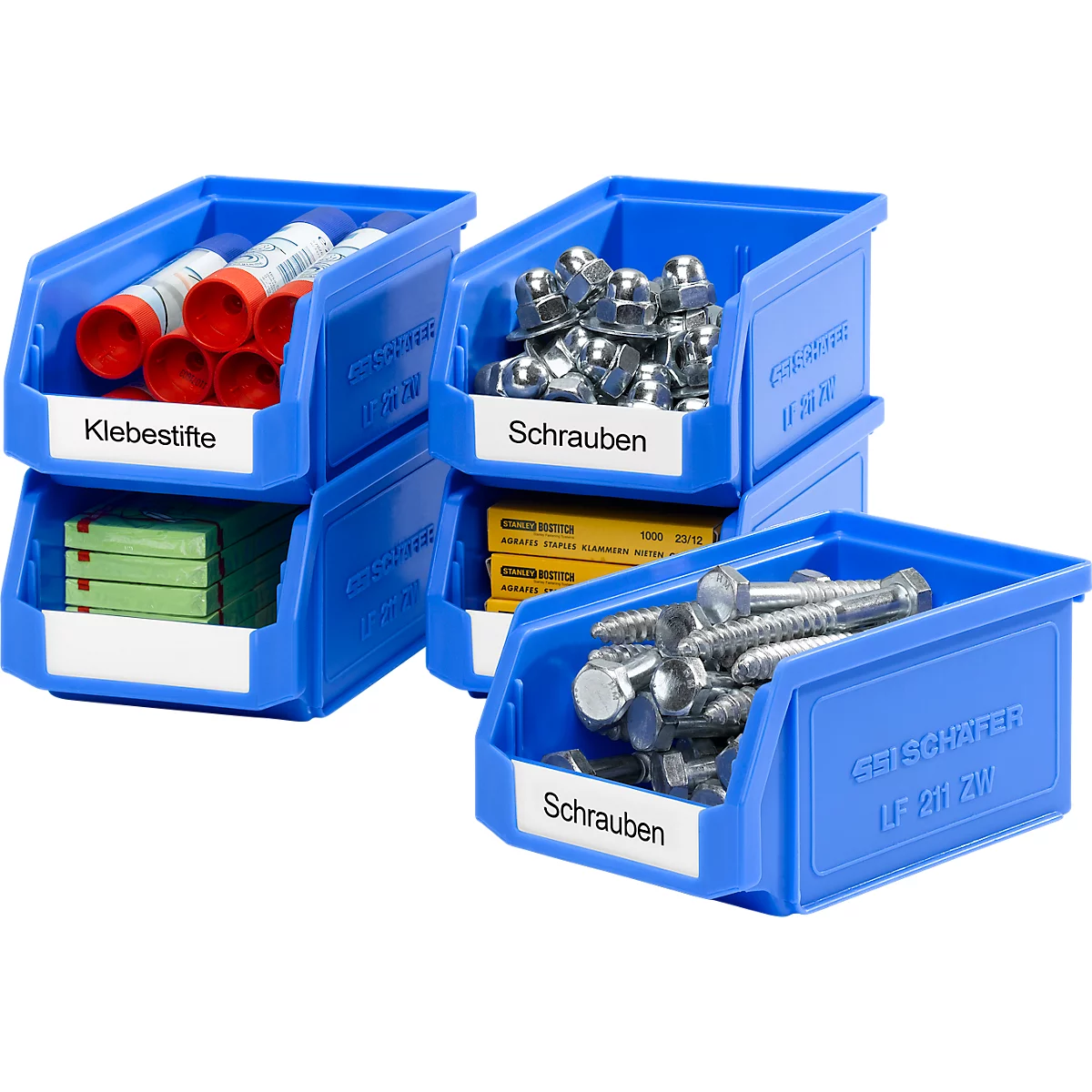 Blue plastic boxes with glue sticks, screws and labels.