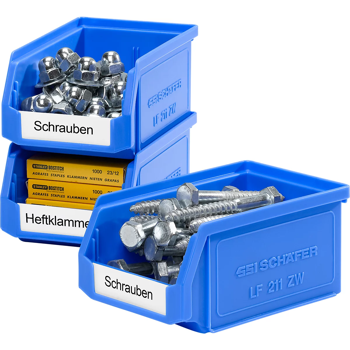 Blue storage bins filled with screws and staples. Labeled with "Screws" and "Staples".