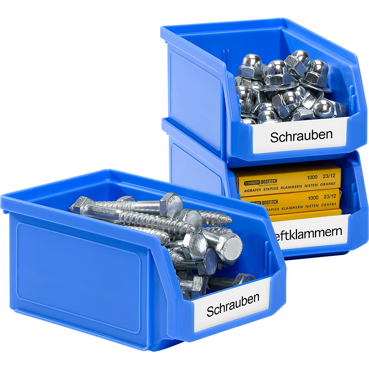 Blue plastic containers with screws and staples. Labeled "Schrauben" and "Heftklammern".