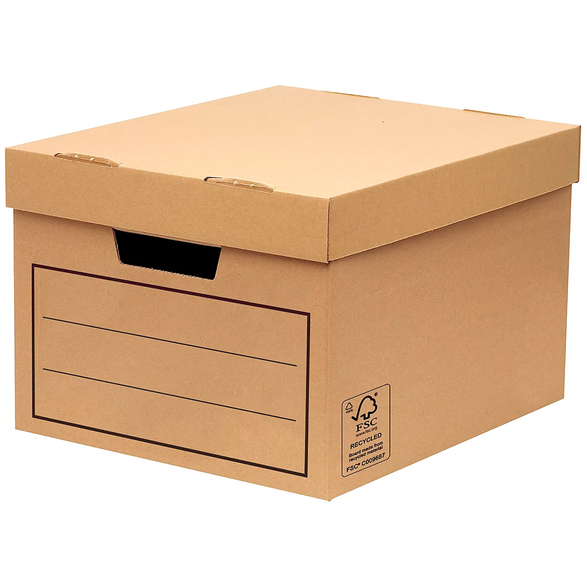 Closed brown archival box with lid. The front has lines for labeling and the FSC recycled logo is visible.