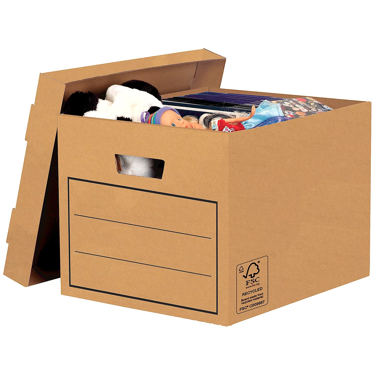 Open brown cardboard box filled with toys, plushies. Features a handle and labeling area.
