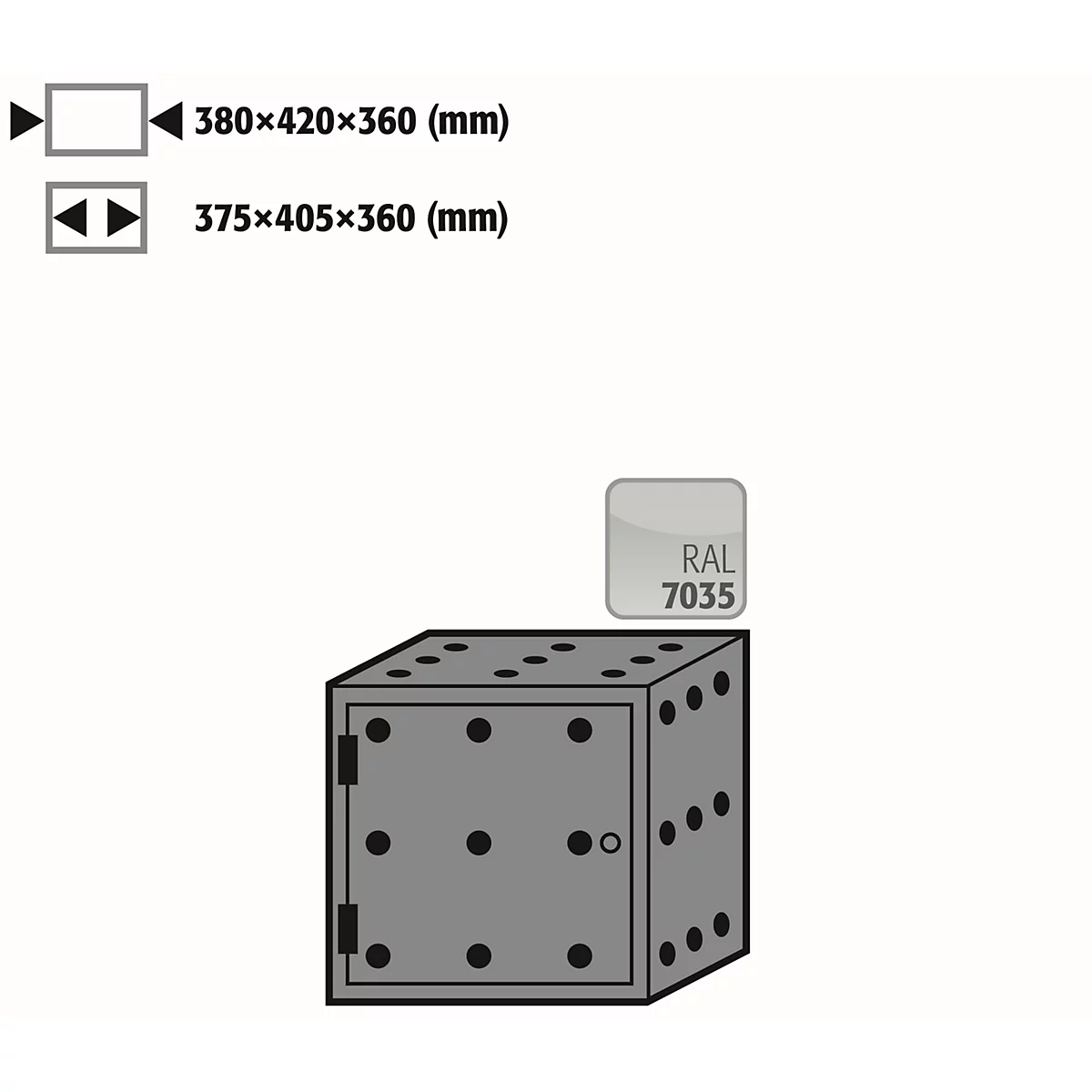 Gray cube with dots and a small door knob. Next to it are dimensions and RAL 7035.
