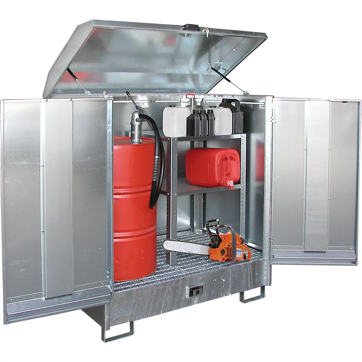 Metal cabinet with open door, inside is a red barrel, canisters, and a chainsaw.