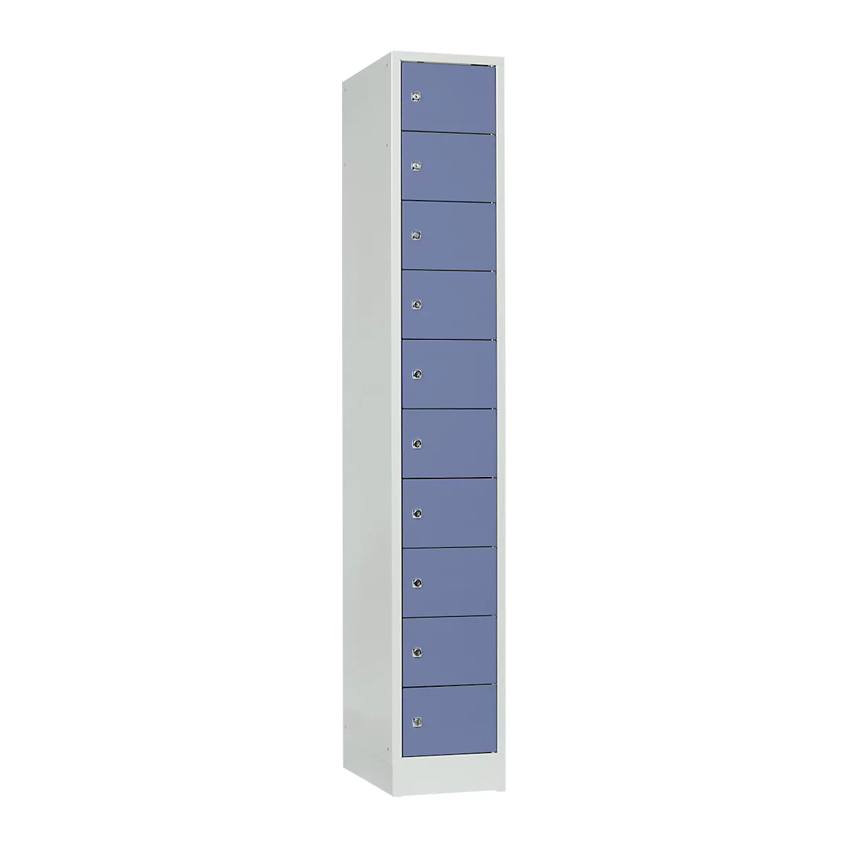 Tall cabinet with nine equally sized blue compartments. The doors are equipped with locks.