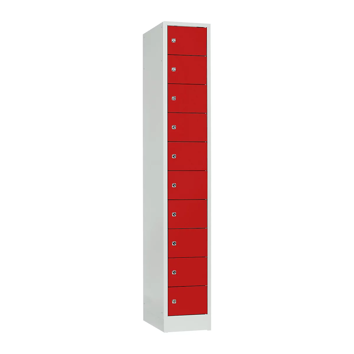 Tall white cabinet with 8 red doors, each with silver knobs.