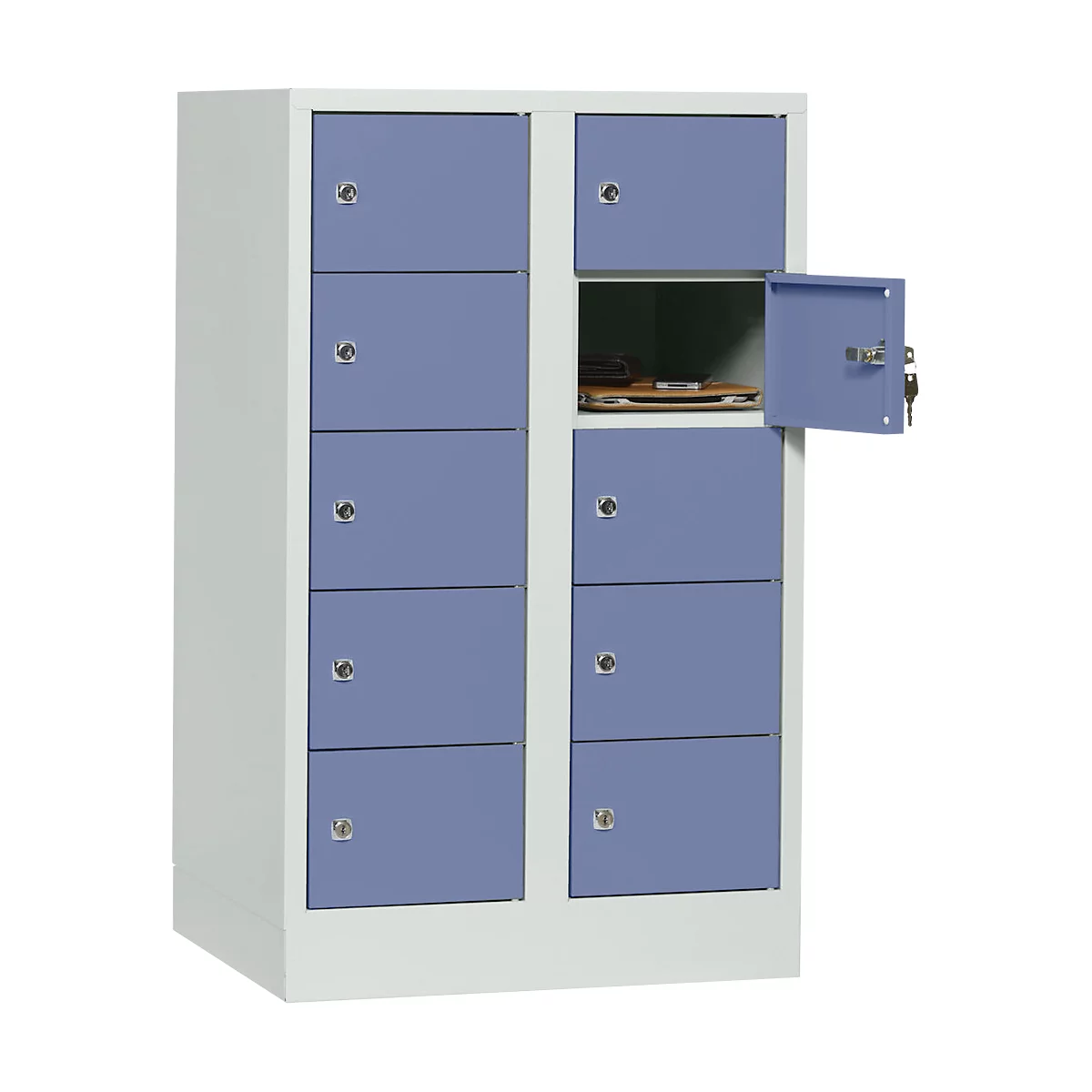 Blue and white locker with open door. Items are in the open compartment.