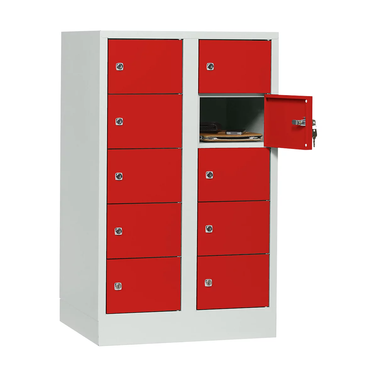 Cabinet with red doors, one door is open, key in the lock.