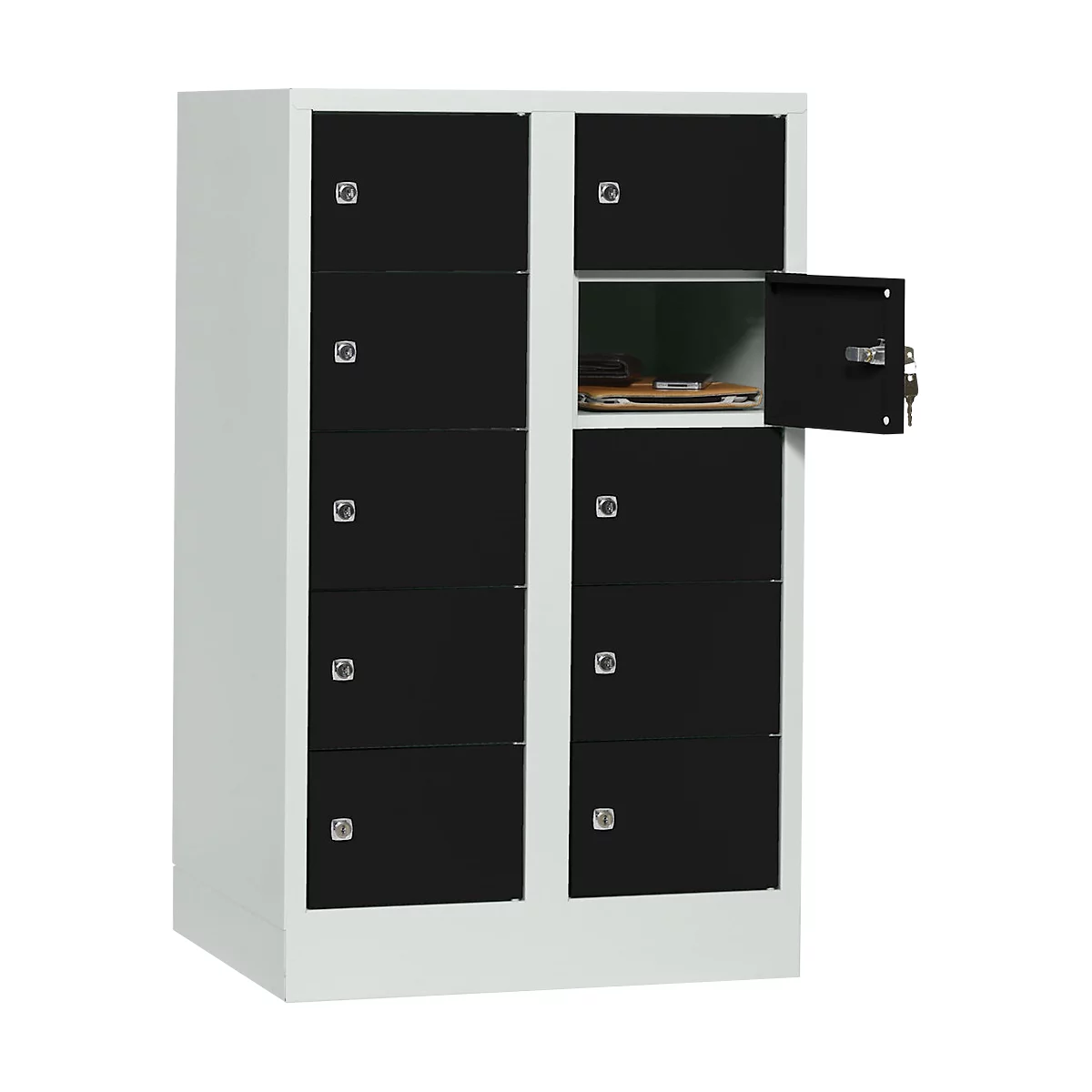 A white locker with black doors, one door is open, objects are inside.