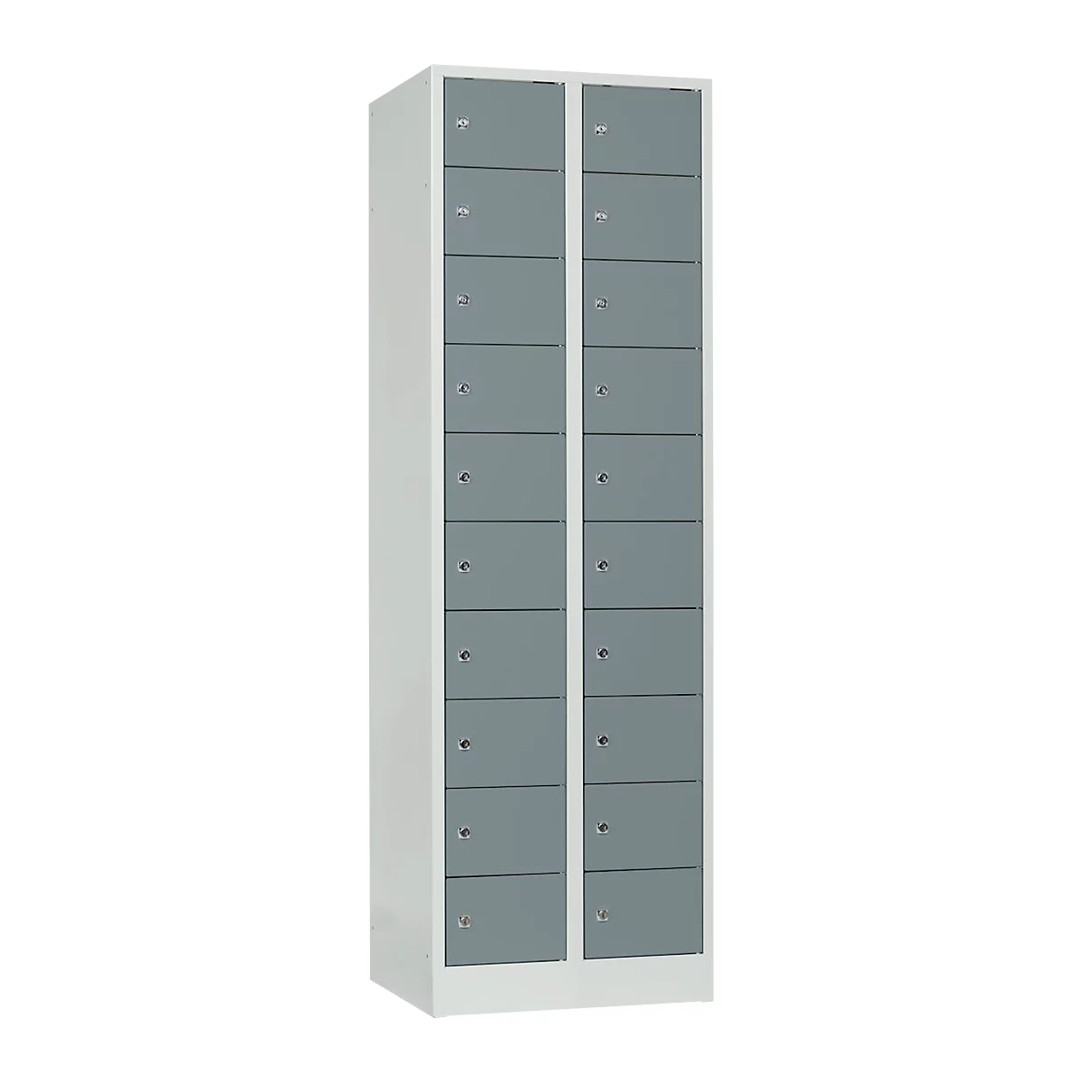 A white cabinet with two rows of gray lockers, each with a lock and handle.