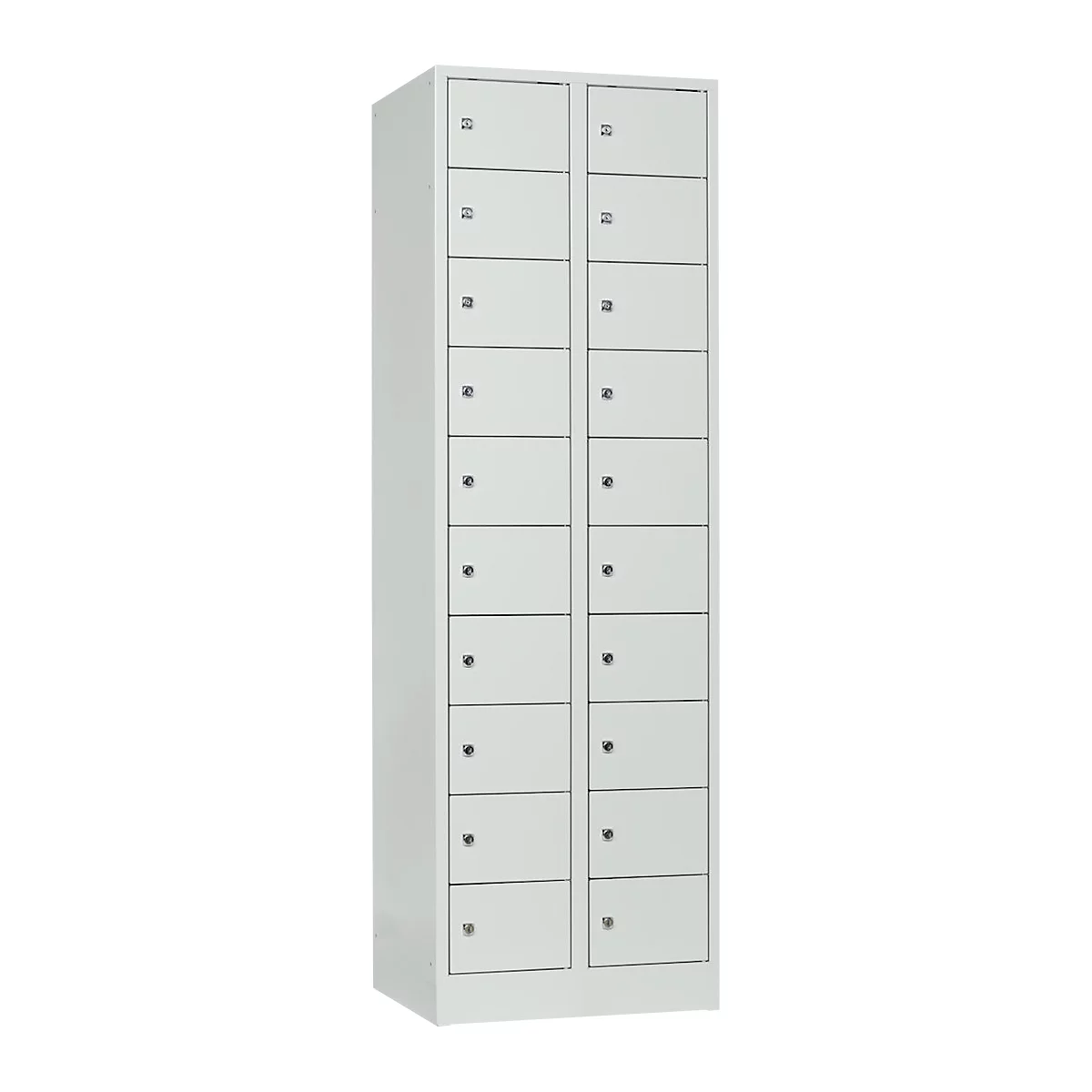A white locker with two columns, each with 10 doors, all with small knobs.