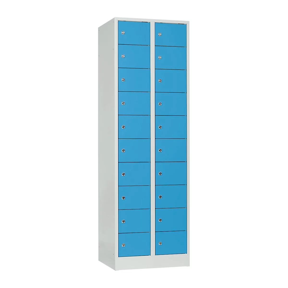 Tall cabinet with blue doors. Several compartments, each with keyhole.