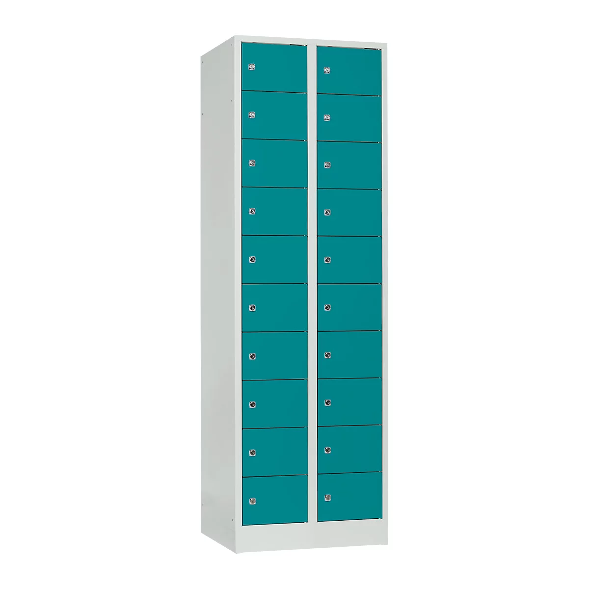 A tall locker with two columns, each with 12 turquoise doors. The doors have silver knobs and are framed in white.