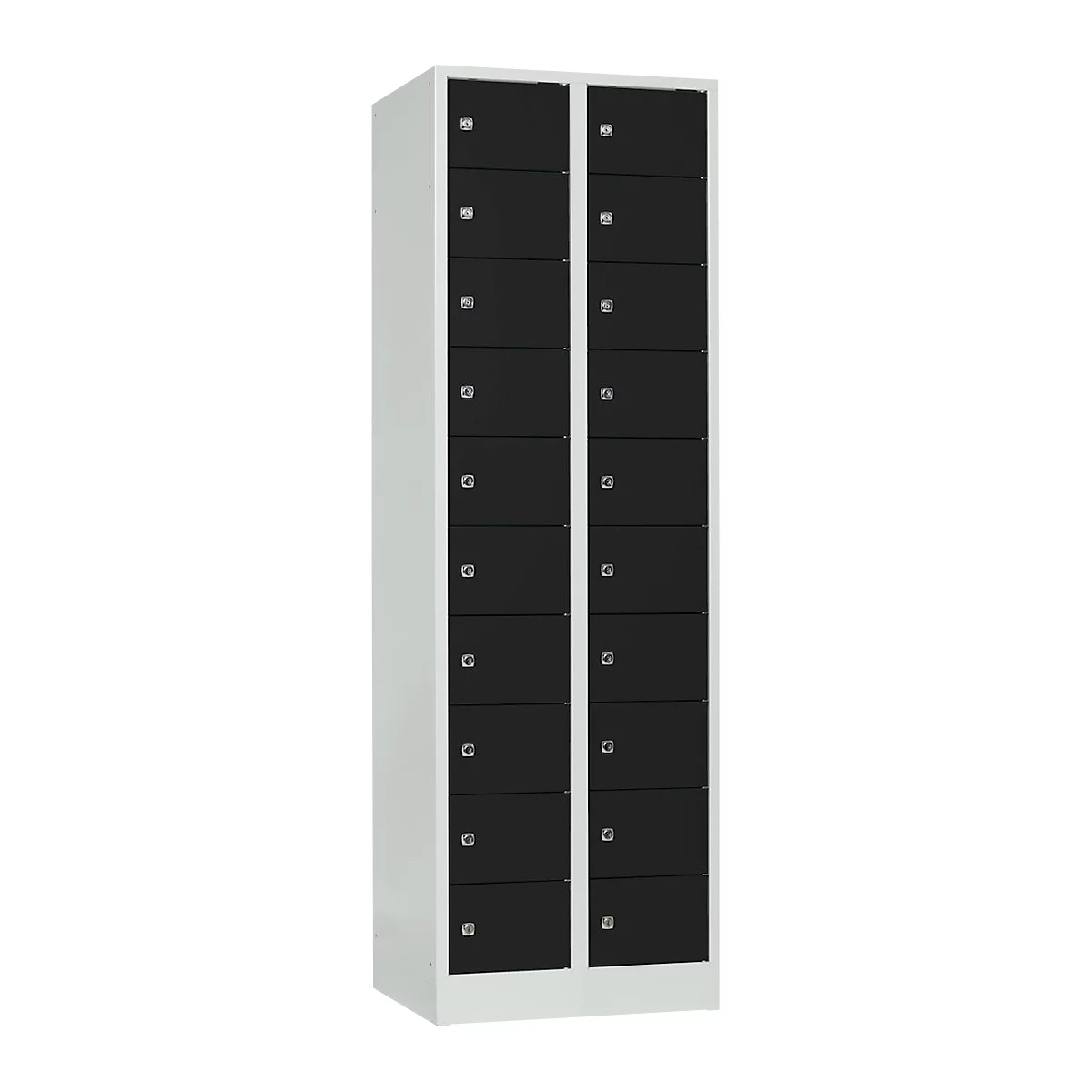 White locker with black doors, many compartments, silver handles.