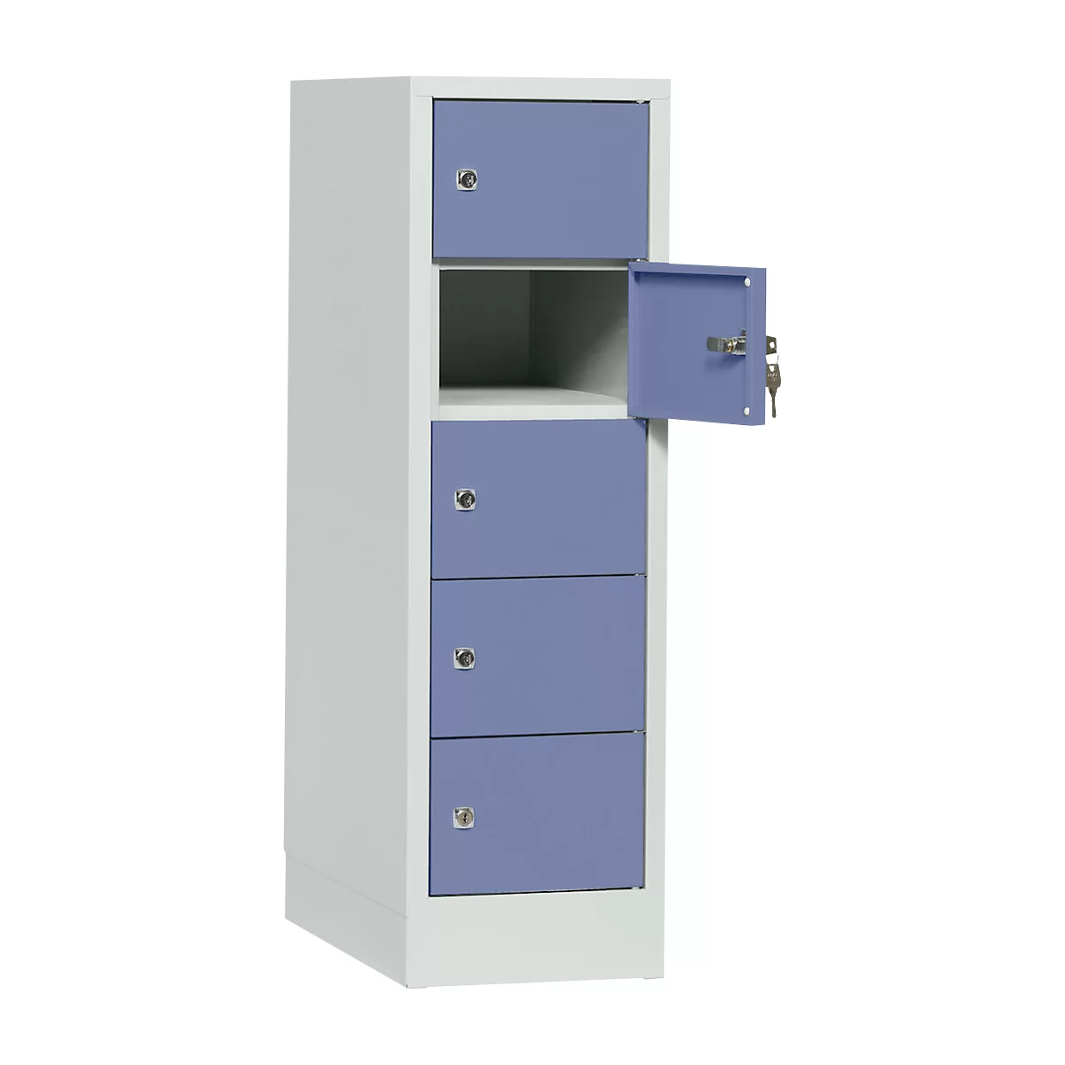 A white and blue painted locker with three drawers and an open compartment, one door is open.