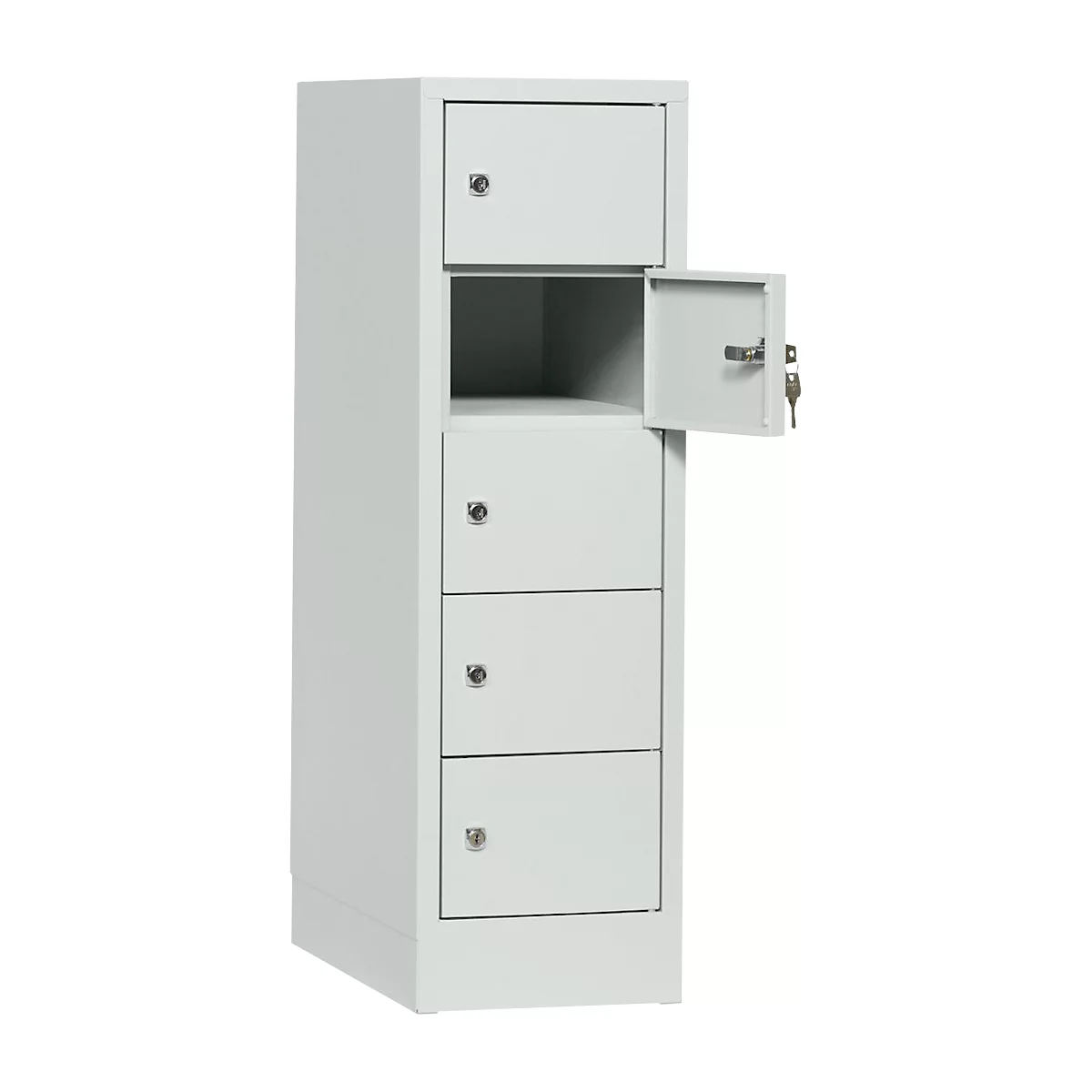 Gray cabinet with four drawers and one open compartment. An open compartment shows a lock with a key.