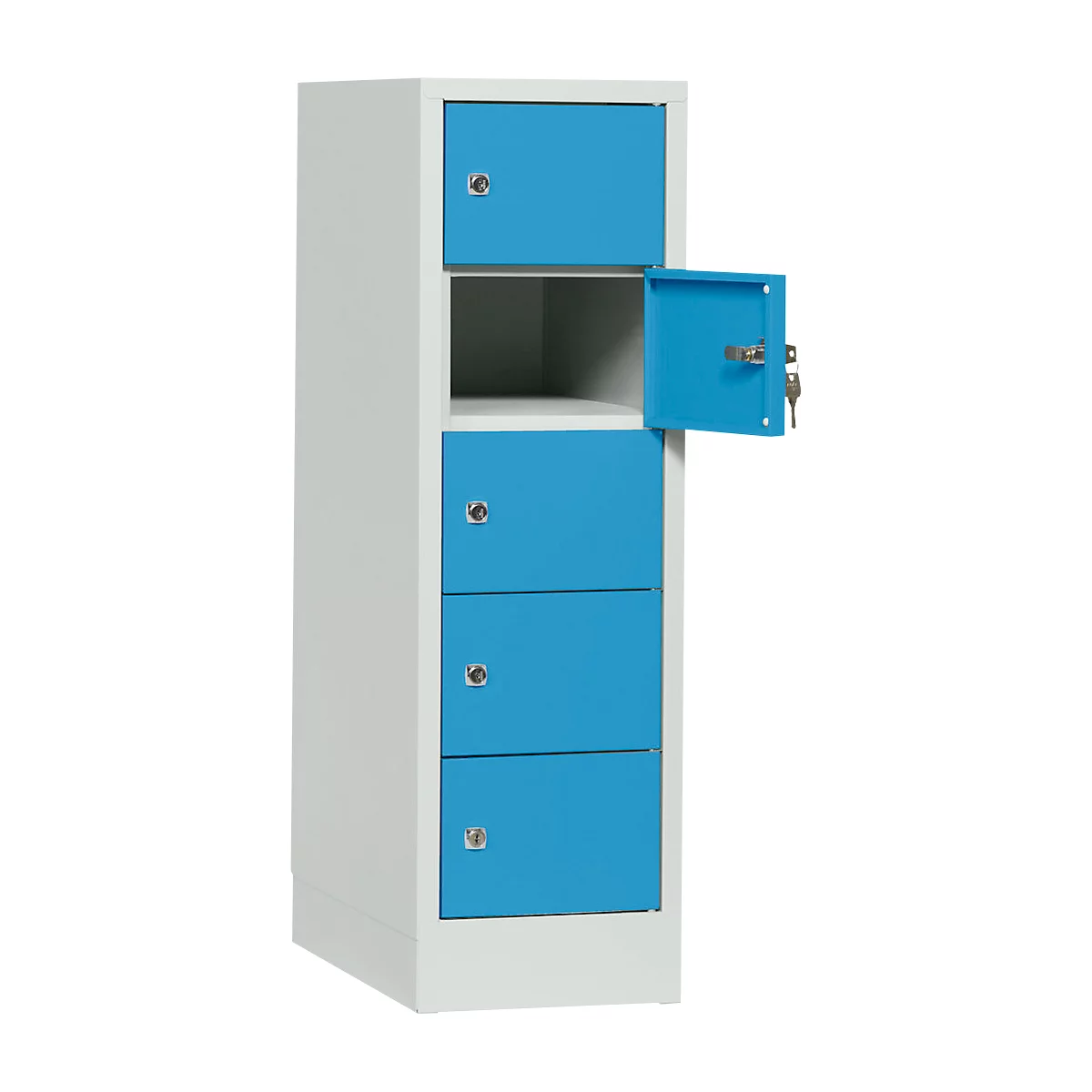 Cabinet with blue doors, one open, keys inserted.