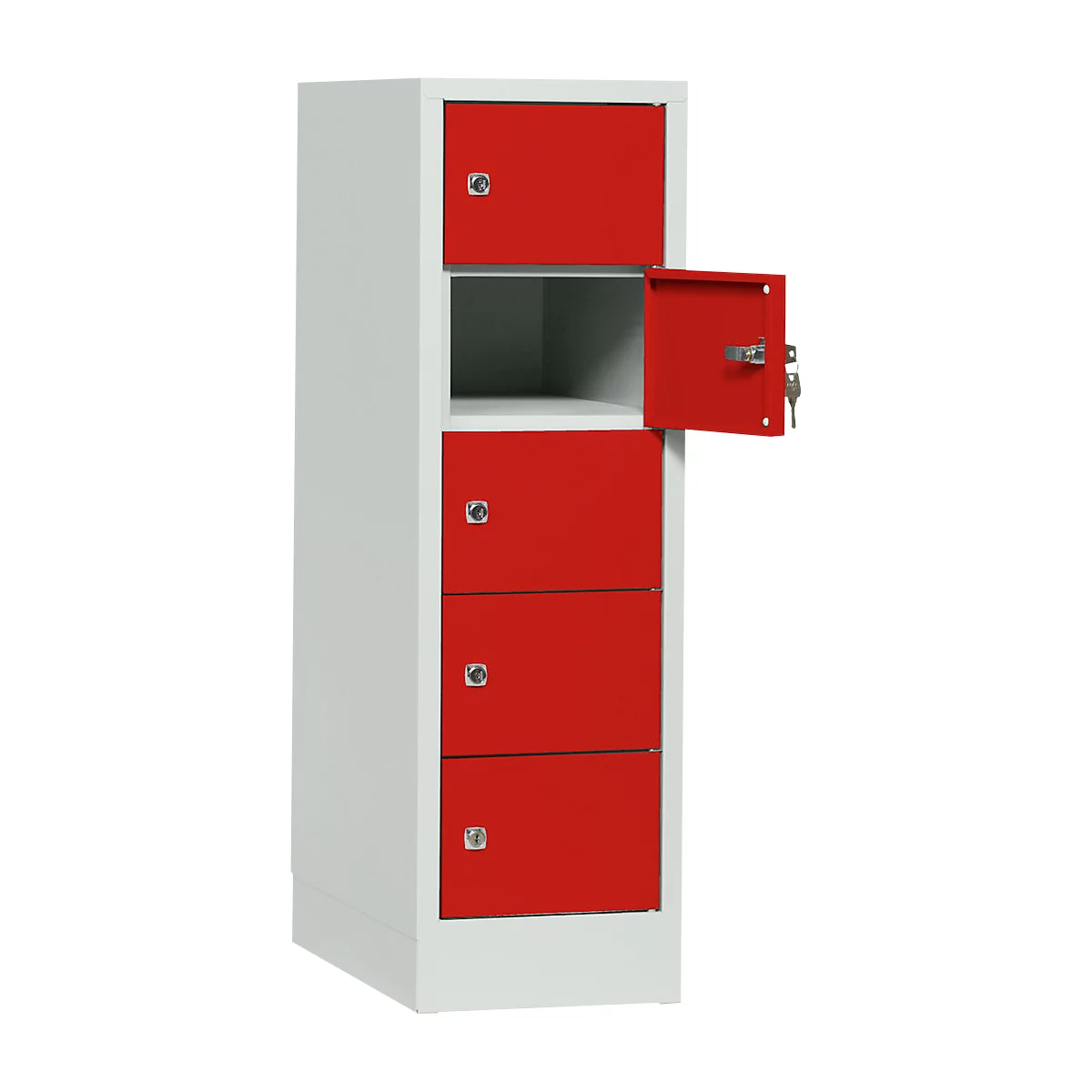 A white and red cabinet with multiple compartments, one compartment is open, two keys are inserted.