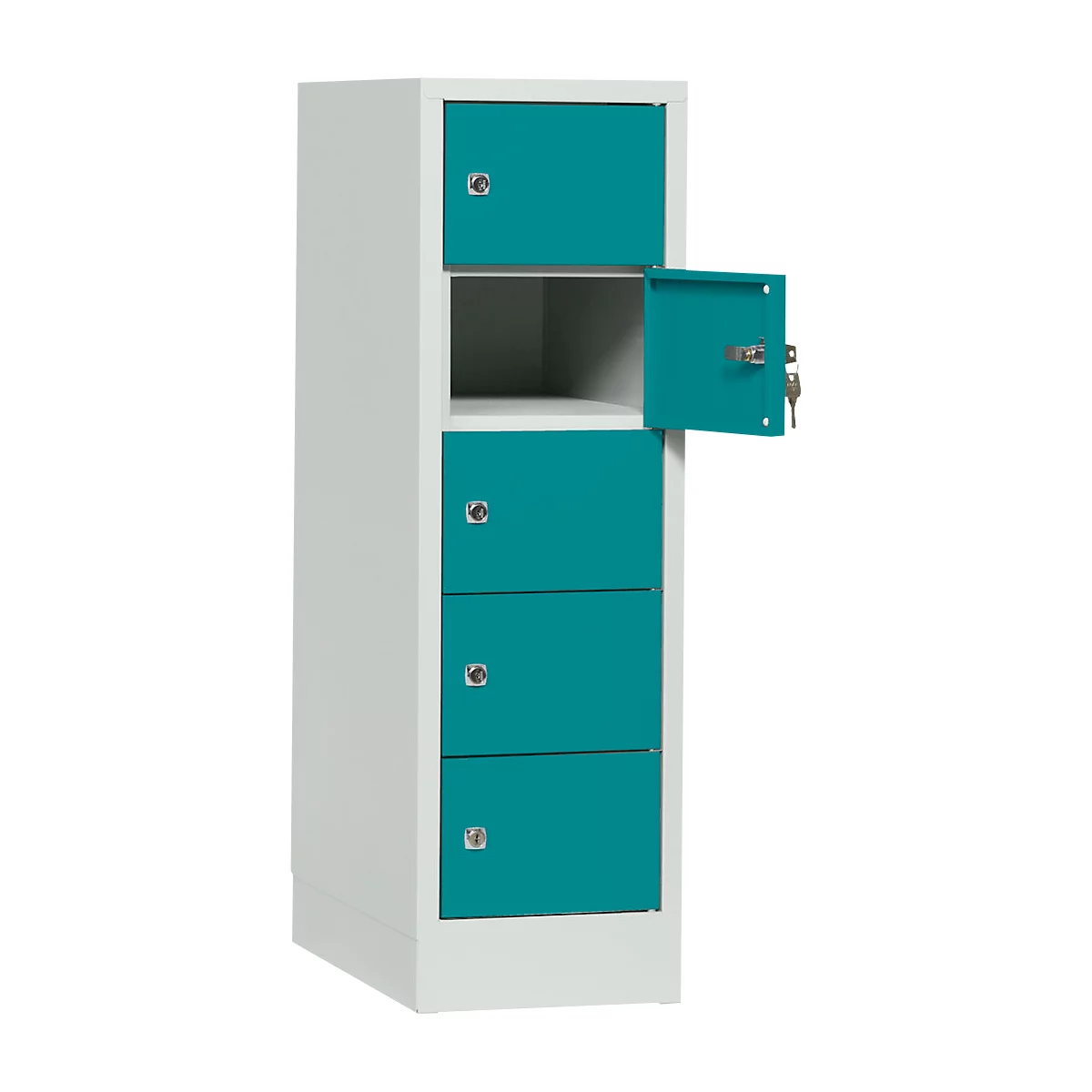 A tall, white and teal cabinet with three closed doors and one open door. The open door reveals a lock with a key.