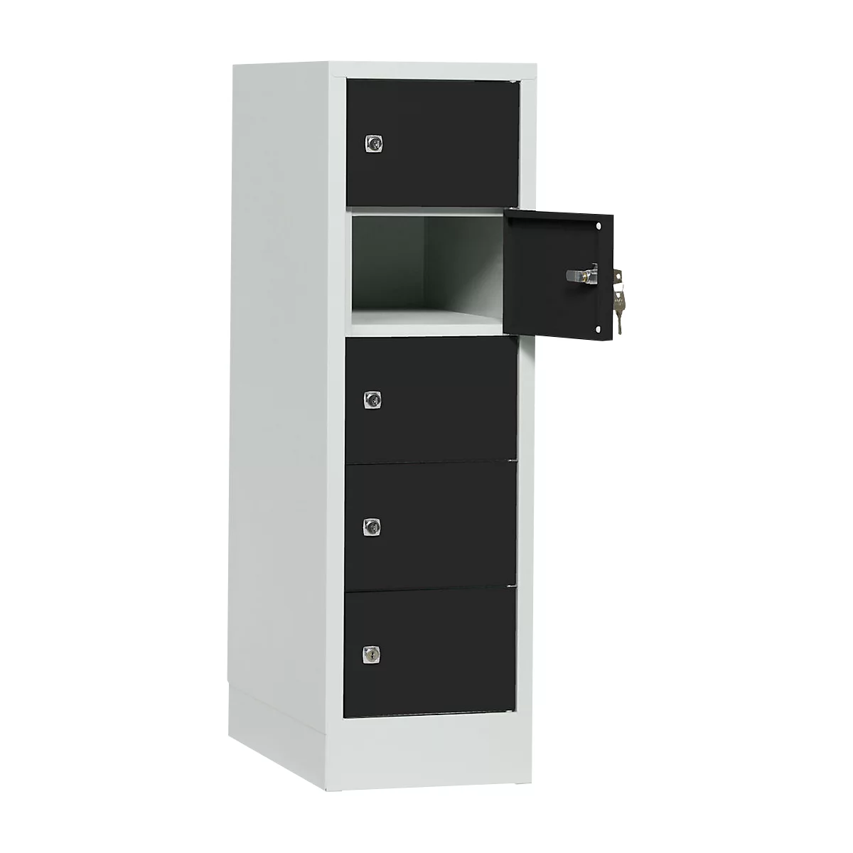 A white cabinet with four black compartments, one open. Keys are in the lock.