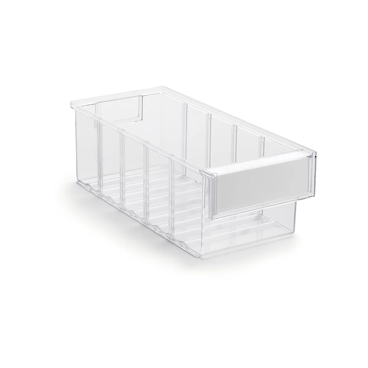 Clear plastic storage bin with multiple compartments and a label field.