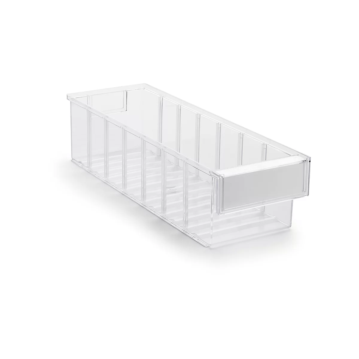 Transparent plastic box with white label. In diagonal perspective. Clear structure and vertical struts.