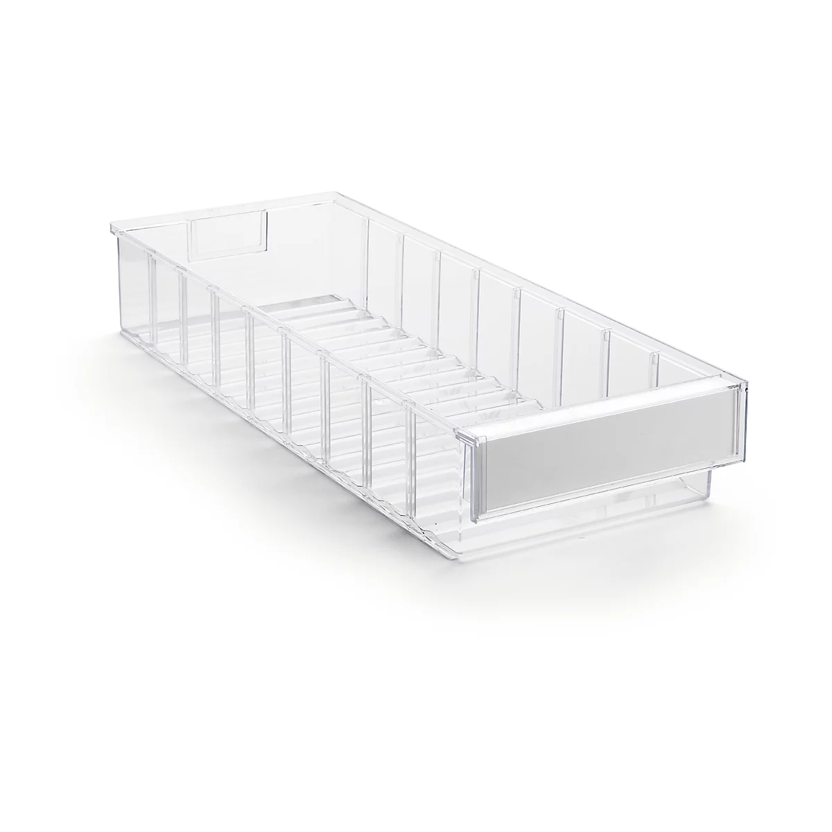 Transparent plastic box with dividers and a white label field.