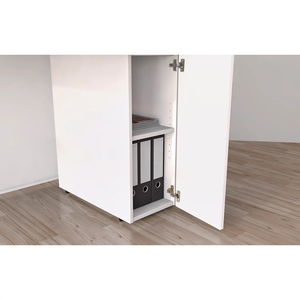 Open white cabinet, with two black binders on a shelf. The door is open.