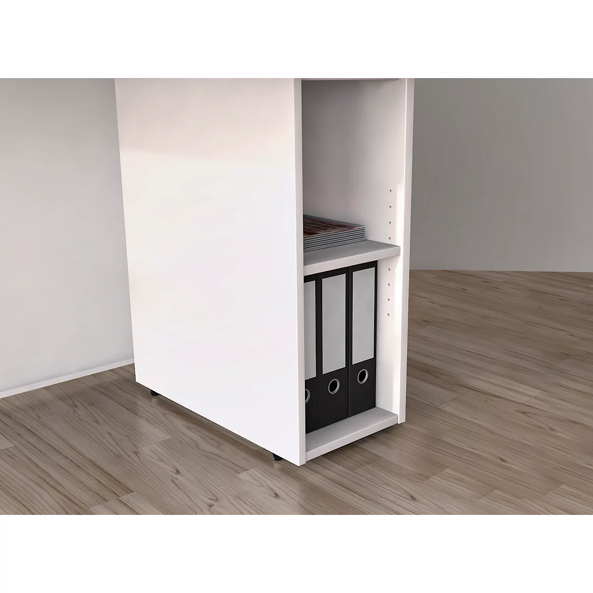 Cabinet with file folders and papers on a wooden floor.
