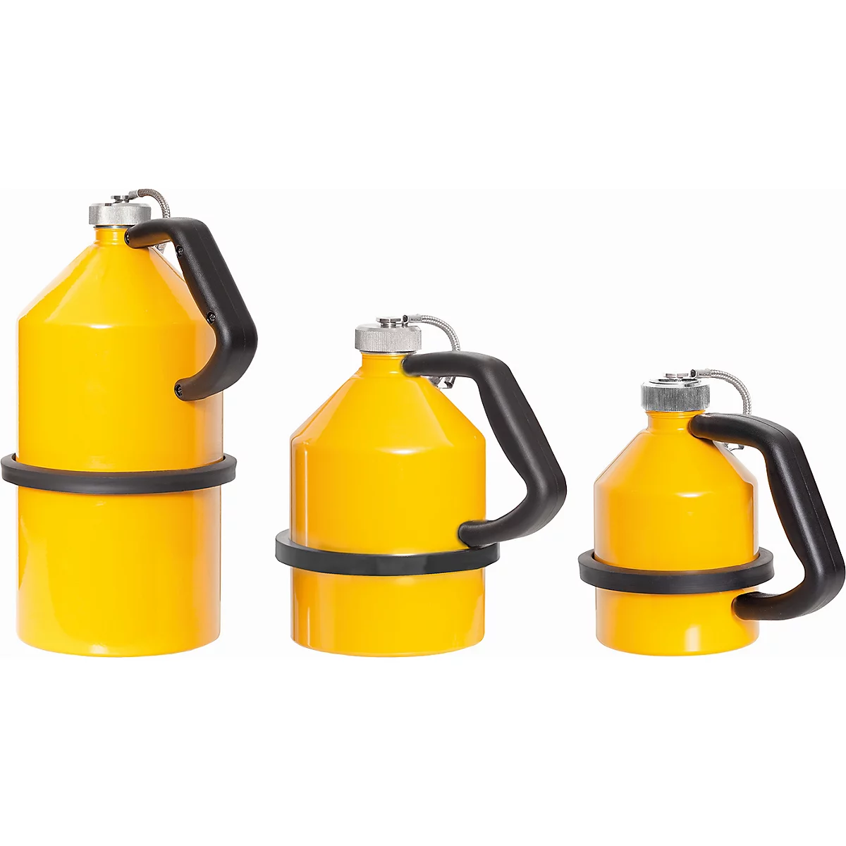 Three yellow containers of different sizes, with black handles and rings.