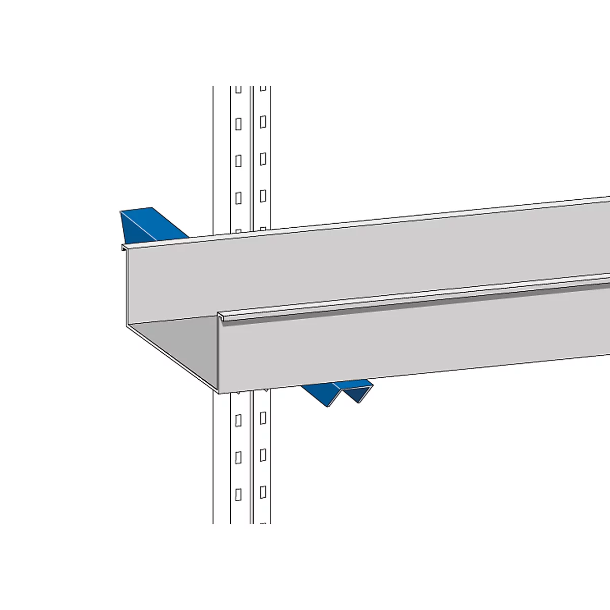 Detailed image of a gray metal shelf with blue brackets attached.