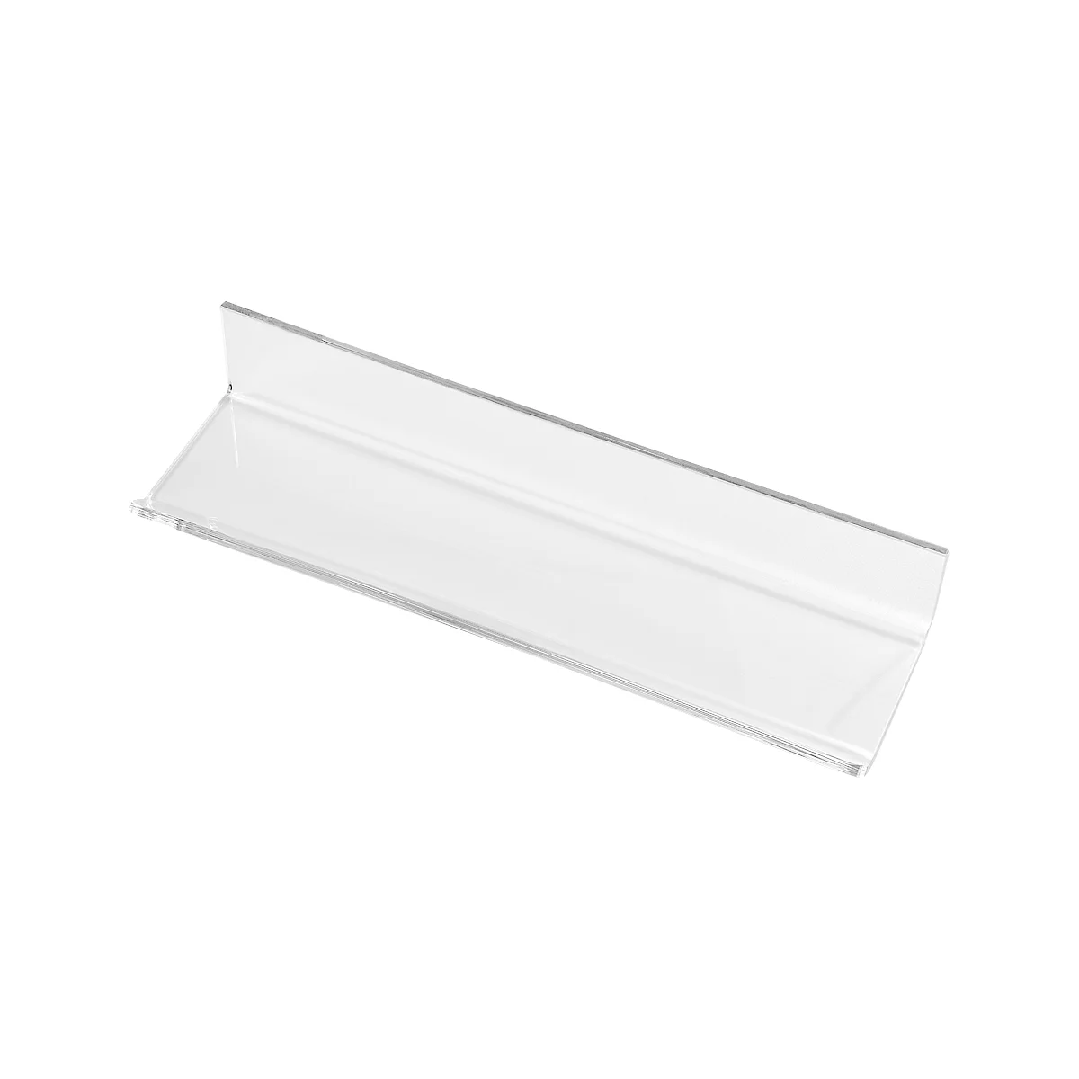 Clear, transparent acrylic price tag holder in an angled shape, for displaying price tags.