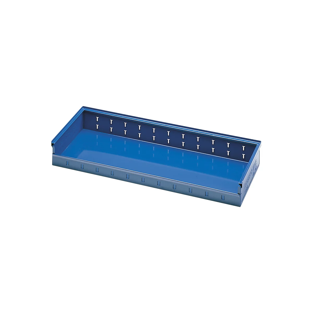 Blue painted metal tray with screws in the back wall. The tray has a rectangular shape.