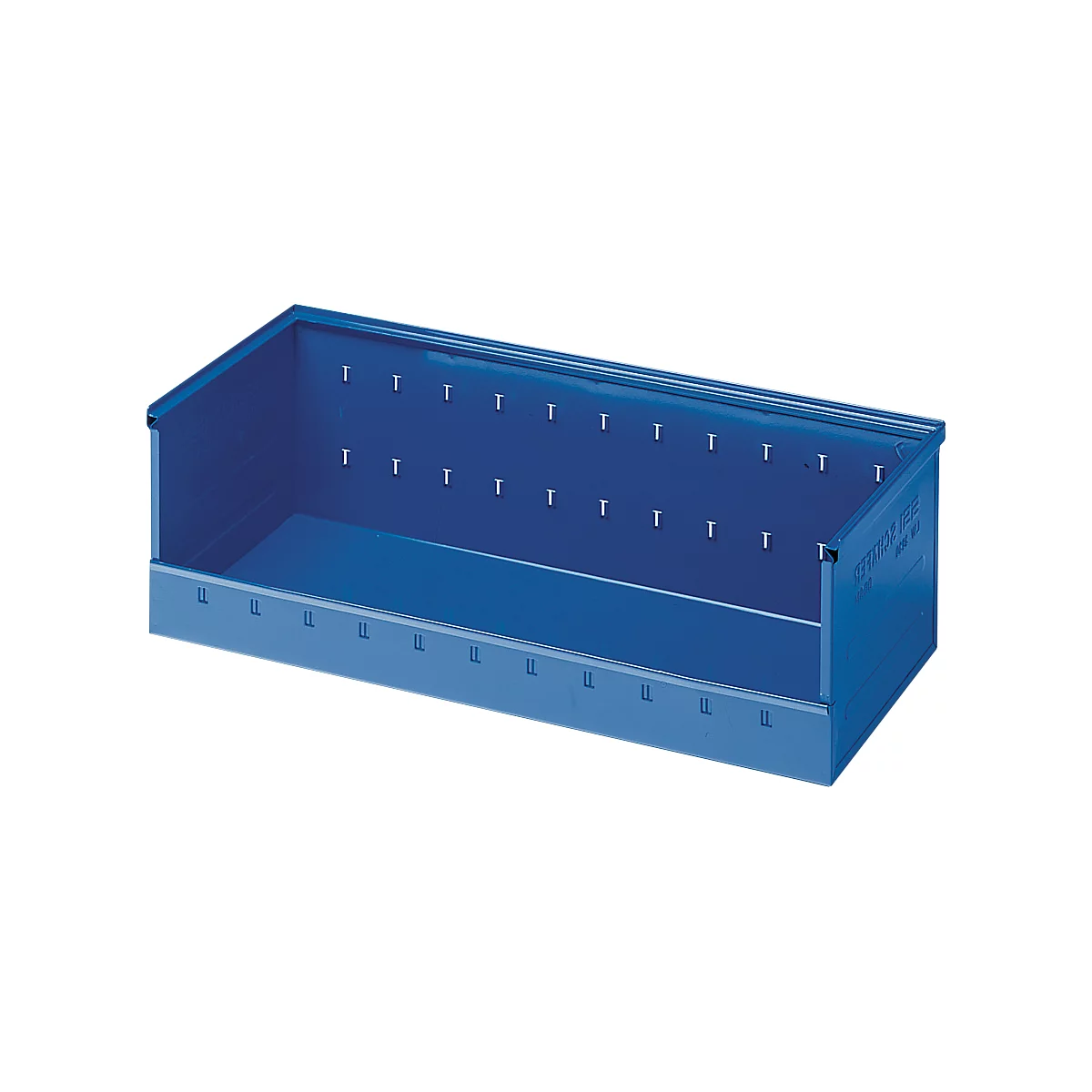 Blue rectangular storage box. Screws are on the inside. There is lettering on the side.