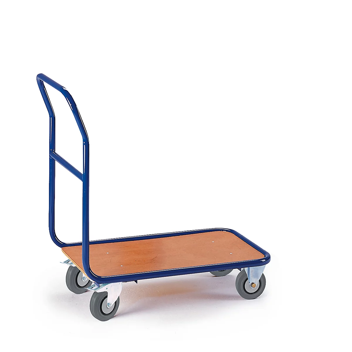 A blue cart with a wooden platform and four gray wheels. The handle is also blue.