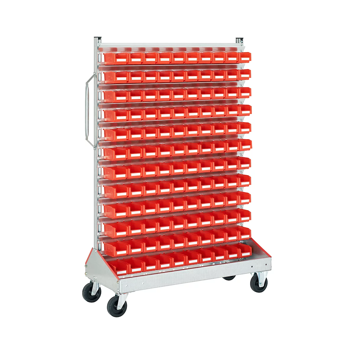 Rolling cart with red storage bins. A silver frame with many rows of red bins. Wheels at the bottom.