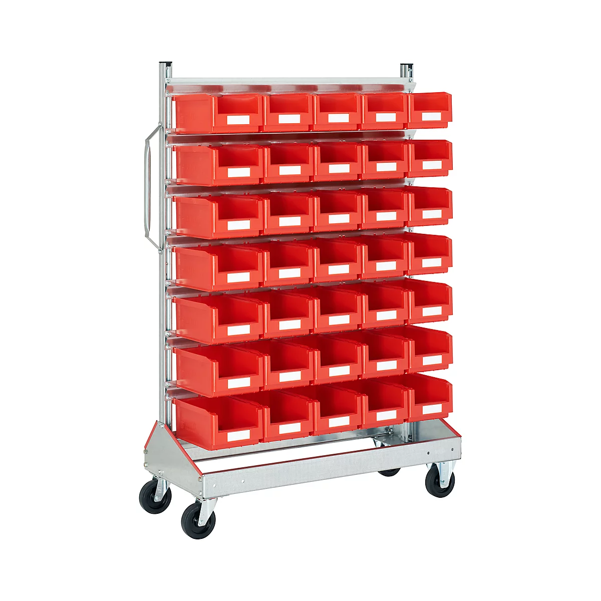 Red cart with drawers. Many red drawers are mounted in a metal frame, including rollers for mobility.