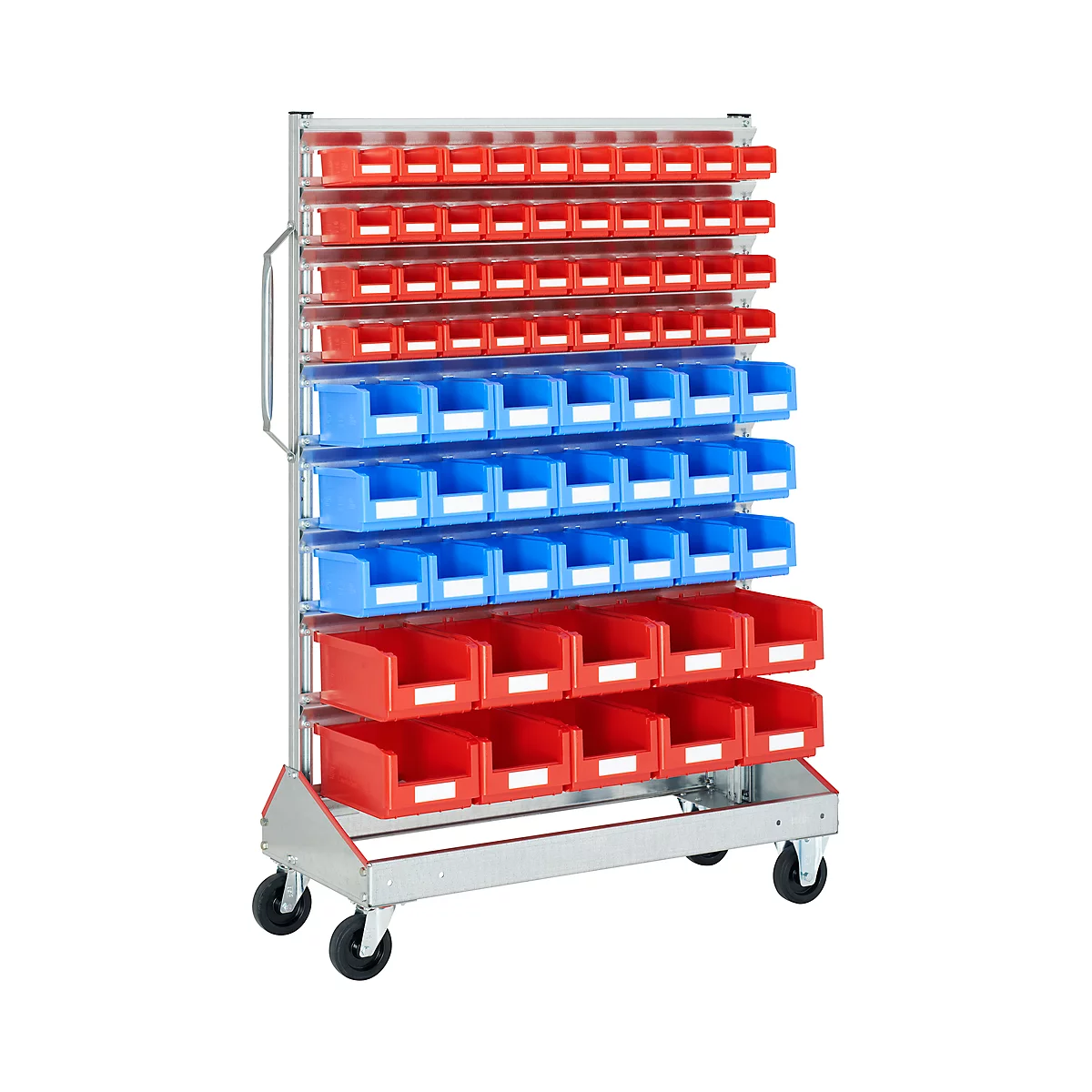 Tool cart with red and blue drawers. Drawers arranged in rows, on castors.