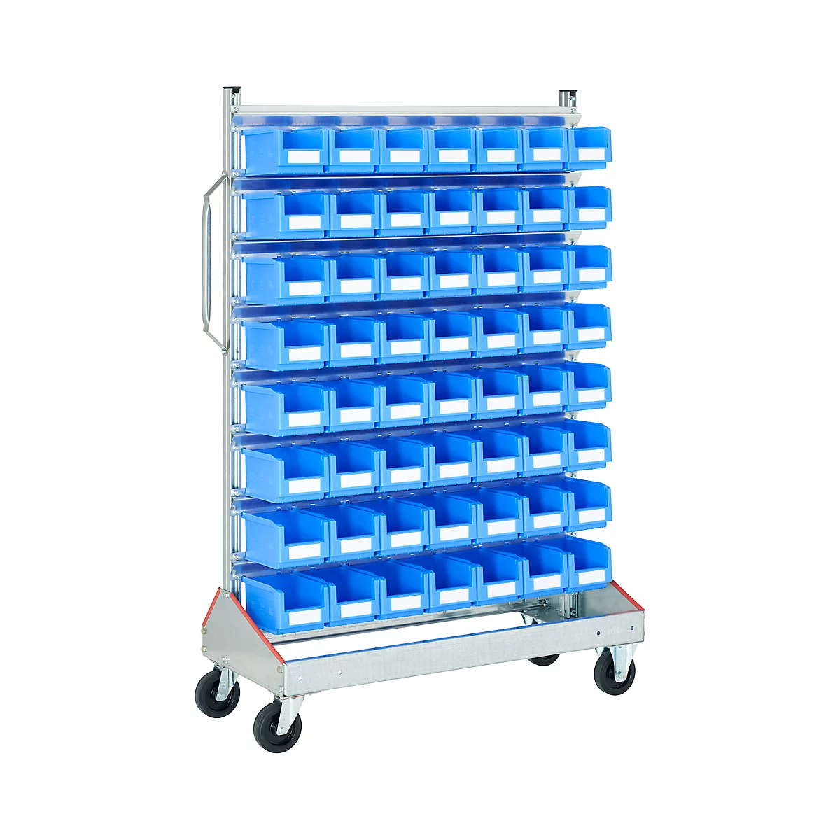 Blue shelf with numerous drawers. On wheels, with handle.