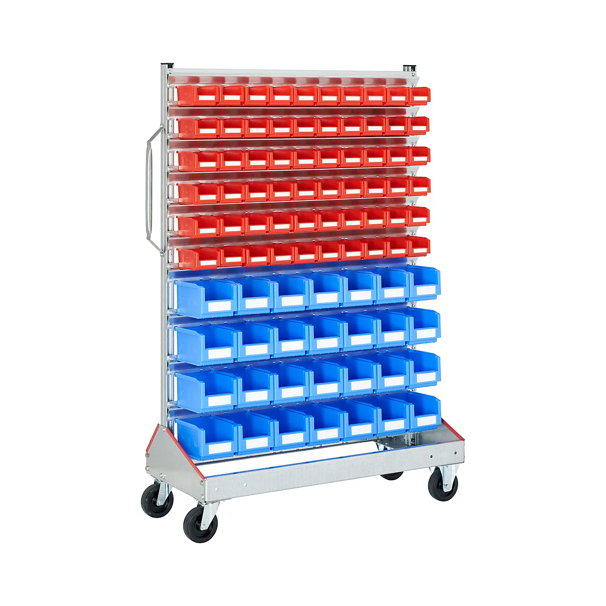 Metal storage cart on wheels, with red and blue storage bins.