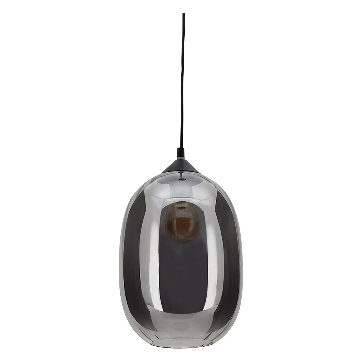 Hanglamp van glas, zilverkleurig oppervlak, donkere kabel.