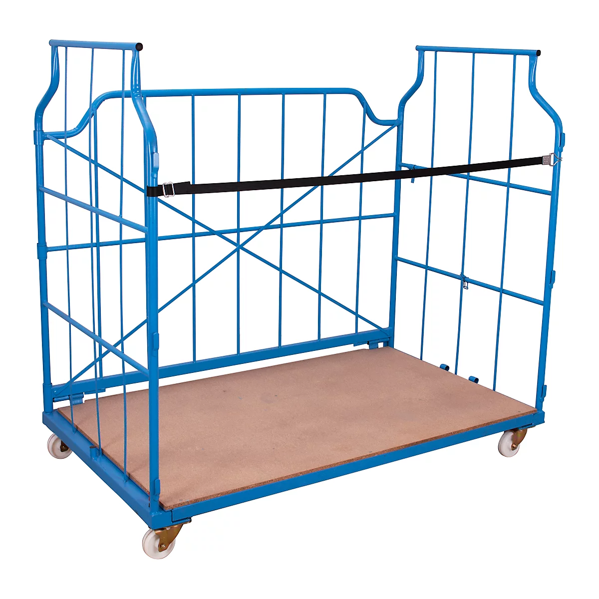 Blue transport trolley with wooden floor and wheels.