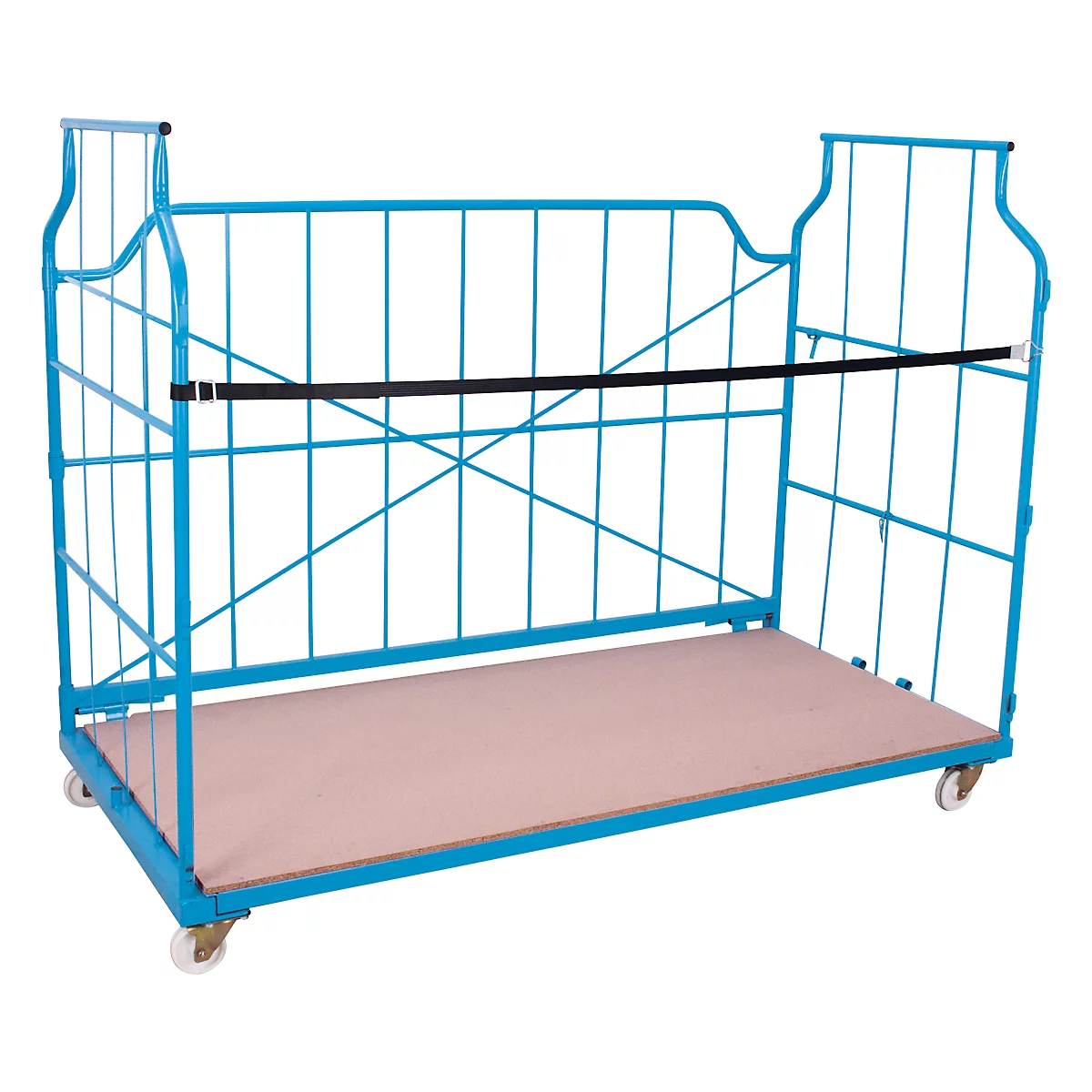 Blue painted transport cart with wheels and grid walls. A black bar stabilizes the construction.