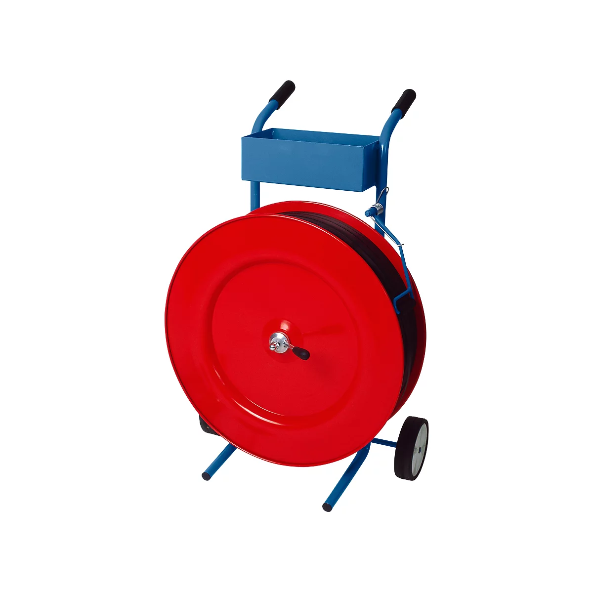Red strap winder with blue frame and handle. The device is on wheels.