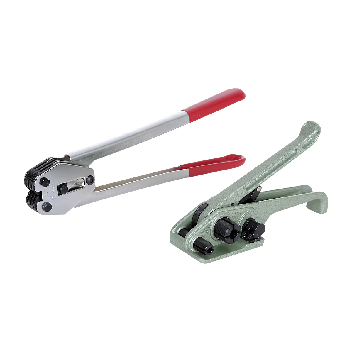 Two different strapping tools: one with red handles, the other green.