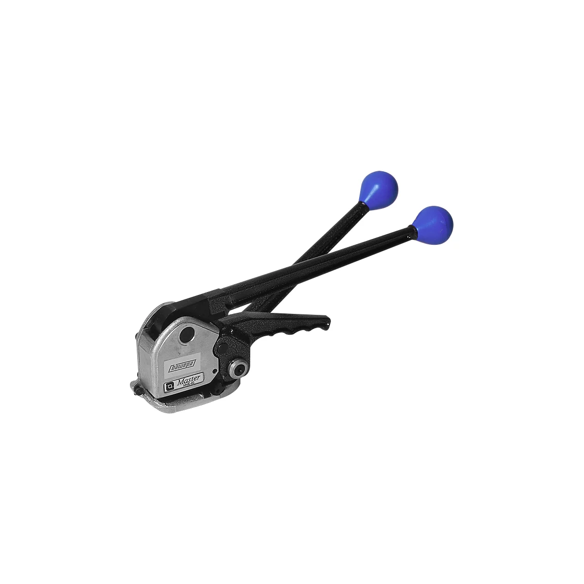 A metal strapping machine with black levers and blue handles.