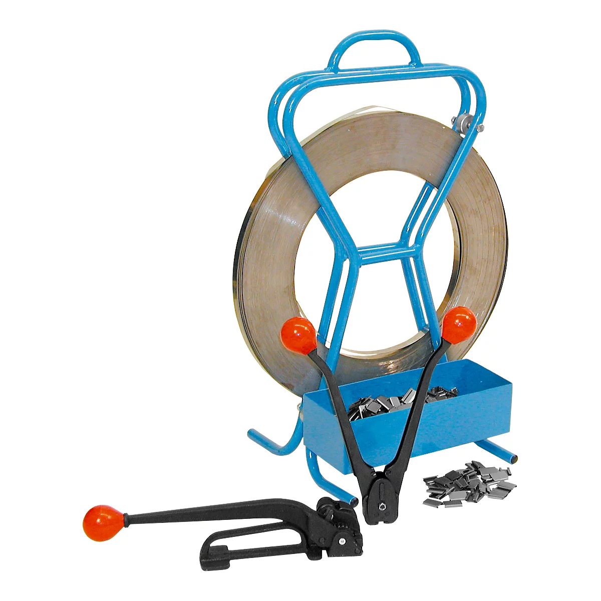 Blue steel strapping roll with tensioning tools and clips. Roll in blue frame.